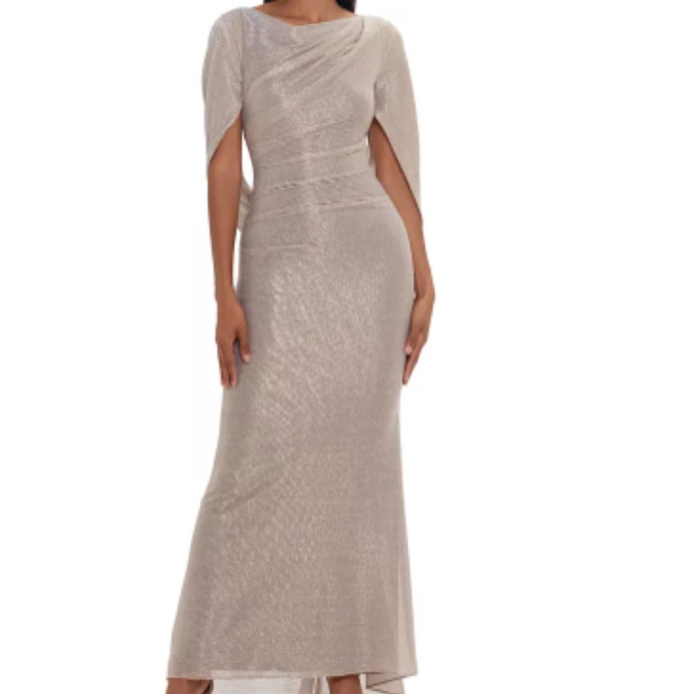 Betsy & Adam Metallic Cape Gown